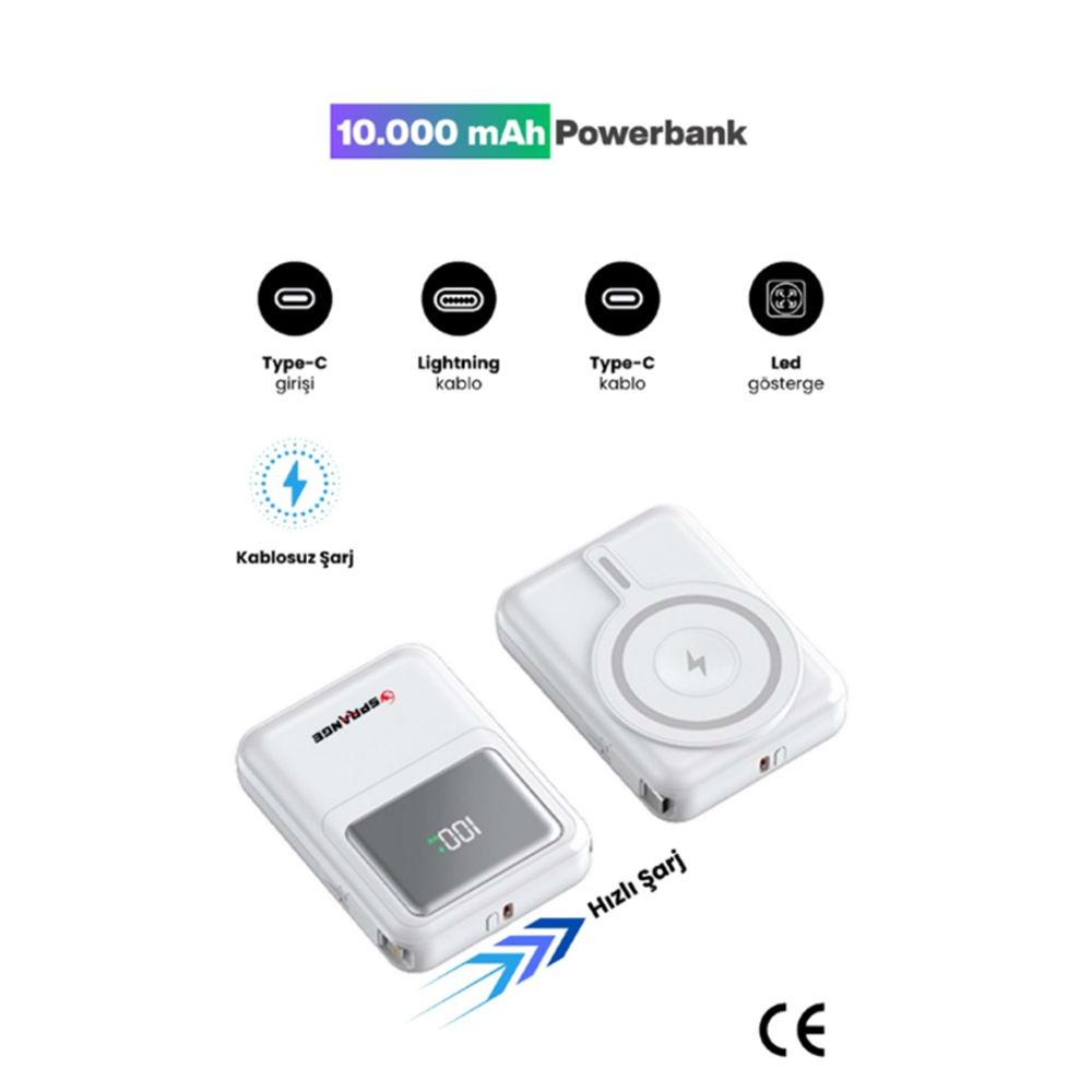 SPRANGE SR-P27M MAGSAFE WİRELESS 10000MAH 15W HIZLI ŞARJ 27W PD GÖSTERGELİ POWERBANK