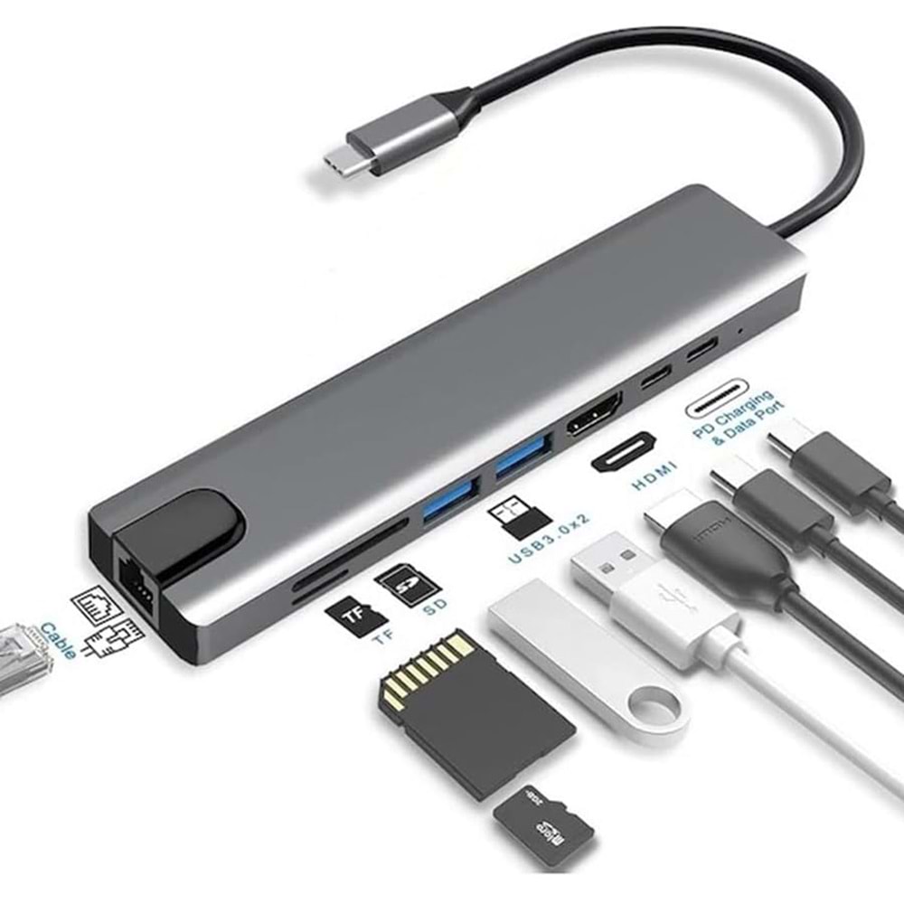 TELSAN TLS-35 TYPE-C TO HDTV HDMI 4K 30HZ + 2 TYPE-C + 2 USB3.0 + LAN + SD + TF 8IN1