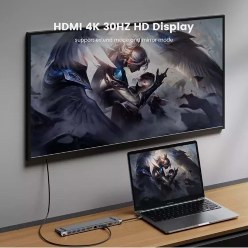 TELSAN TLS-37 TYPE-C TO HDTV HDMI 4K 30HZ + VGA + 2 TYPE-C + 4 USB + RJ45 LAN + AUDİO + SD + TF 12IN1