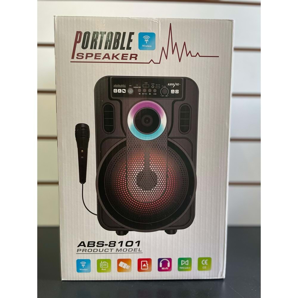 TELSAN ABS-8101 SD/USB/FM 8inc KARAOKE MİKROFONLU BLUETOOTH RGB IŞIKLI MÜZİK KUTUSU PL-4435
