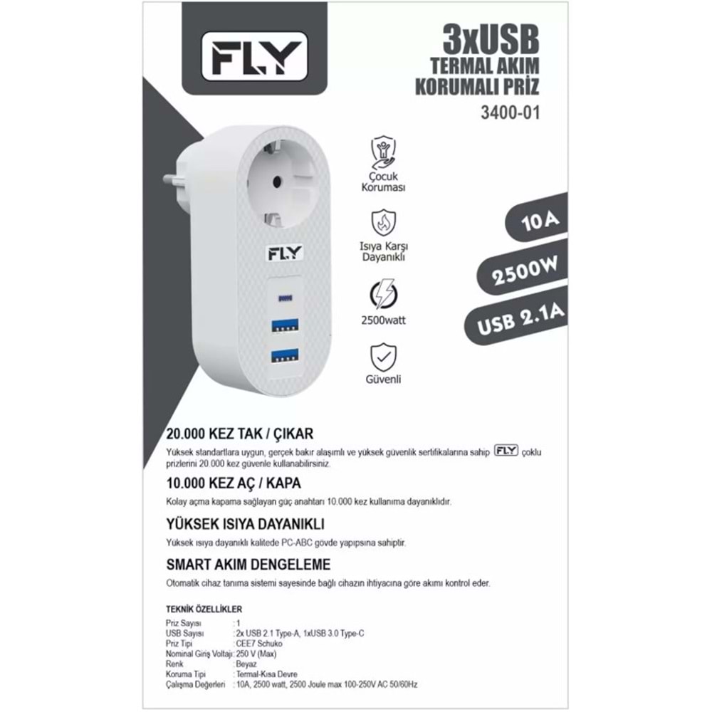 Fly 3400-01 Termal Akım Korumalı 1*Priz 2*Usb + Type-C 2.1A