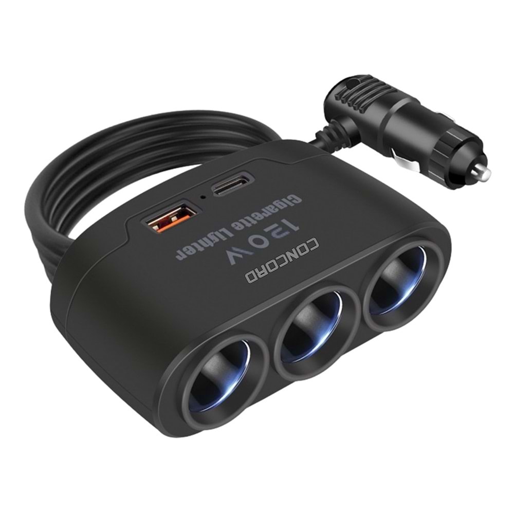 CONCORD C-778 120W USB 3.1A TYPE-C 3IN1 Araç Şarjı Çakmaklık Çoğaltıcı