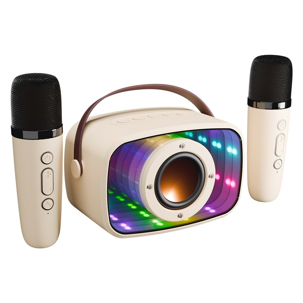 Mikado MD-57BT Endless 5W Bej TF + USB + AUX + BT Destekli 2 Wireless Karaoke Mikrofon 1200mAh Taşınabilir Speaker