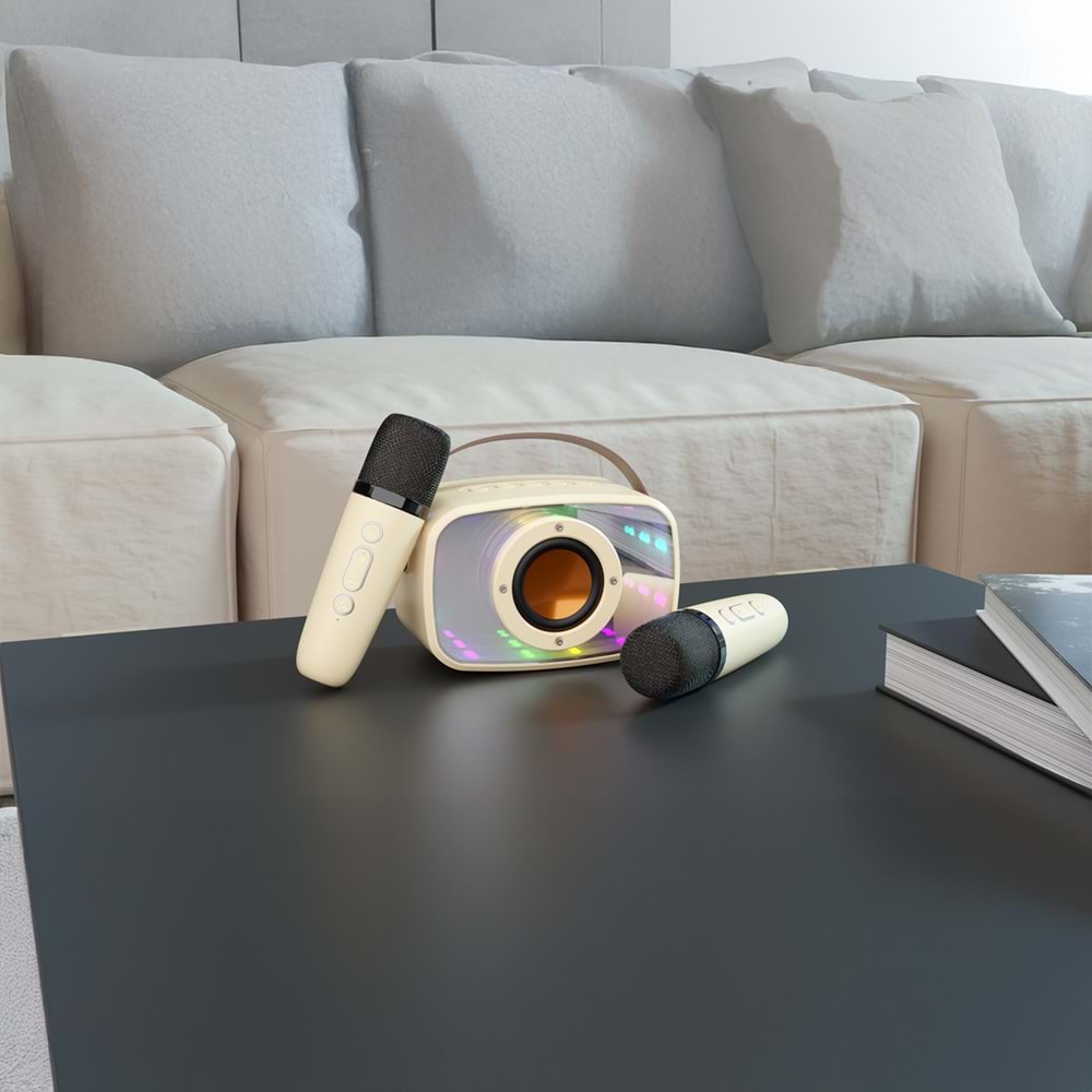 Mikado MD-57BT Endless 5W Bej TF + USB + AUX + BT Destekli 2 Wireless Karaoke Mikrofon 1200mAh Taşınabilir Speaker