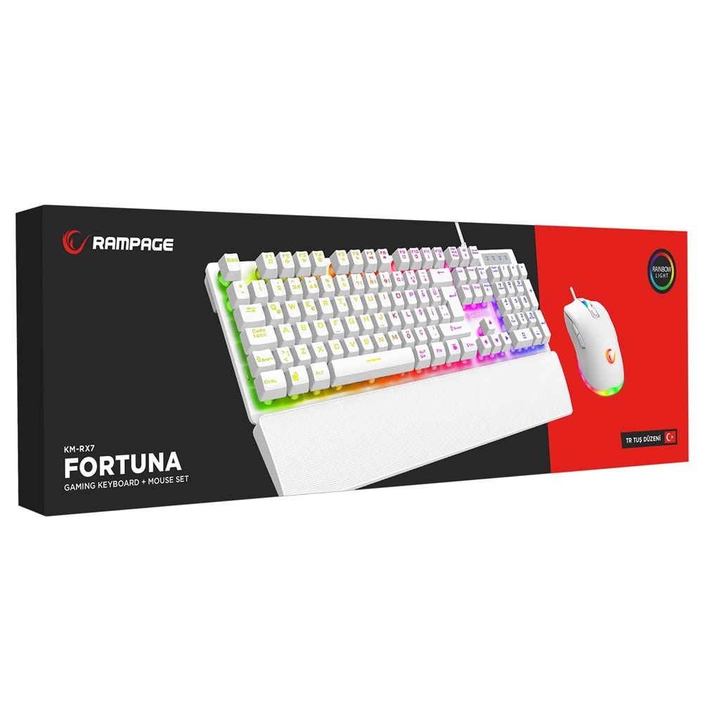 Rampage KM-RX7 FORTUNA V2 Gökkuşağı Aydınlatmalı USB Beyaz Gaming Combo Q Gaming Klavye + 12800 dpi Mouse