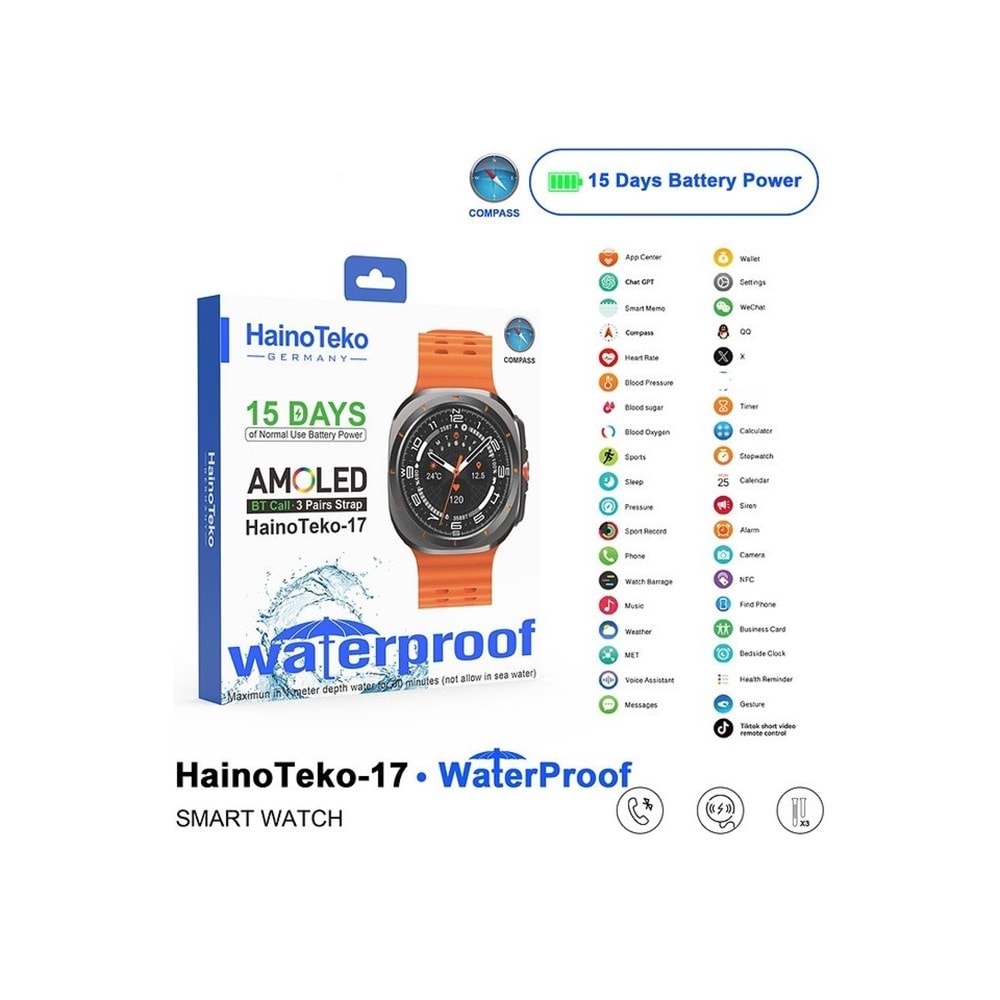 TELSAN HAİNO TEKO-17 PREMİUM 15 GÜN ŞARJ AKILLI SAAT PUSULA SU GEÇİRMEZ 3 KORDON