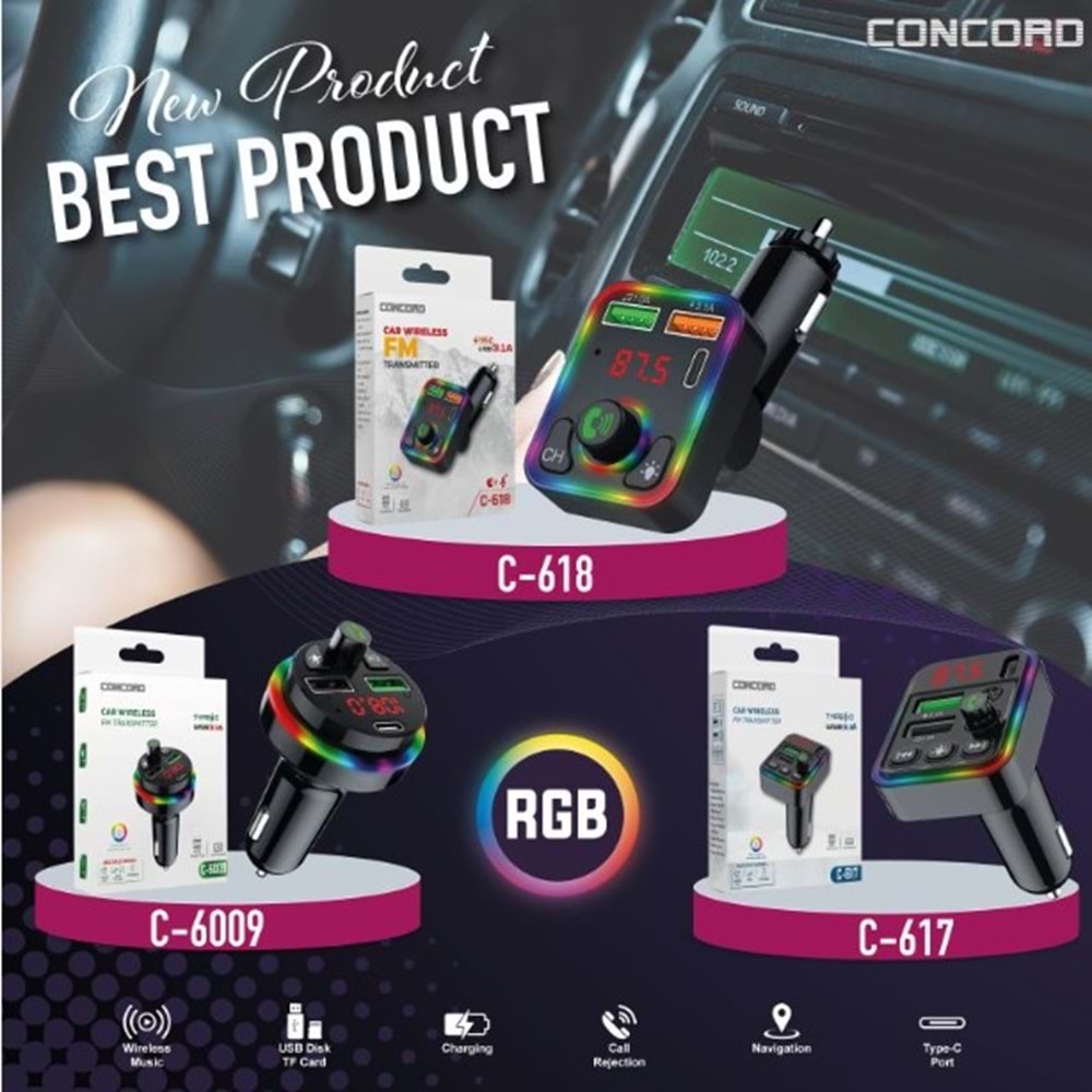CONCORD C-6009 RGB LED IŞIKLI PD + 3.1A ÇİFT USB/TF/BT/FM BLUETOOTH TRANSMİTTER