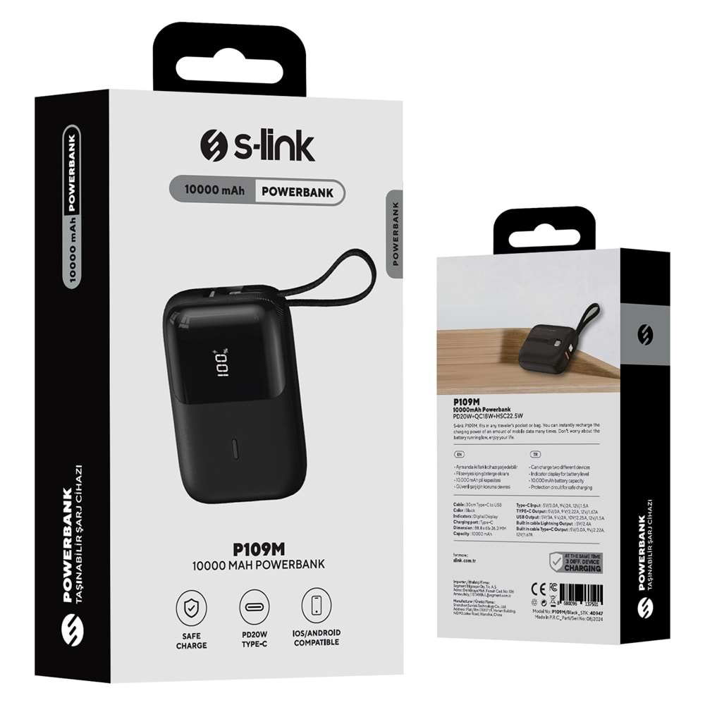 S-link P109M 10000mAh PD20W+QC18W+HSC22.5W Siyah LCD Taşınabilir Pil Şarj Cihazı Powerbank