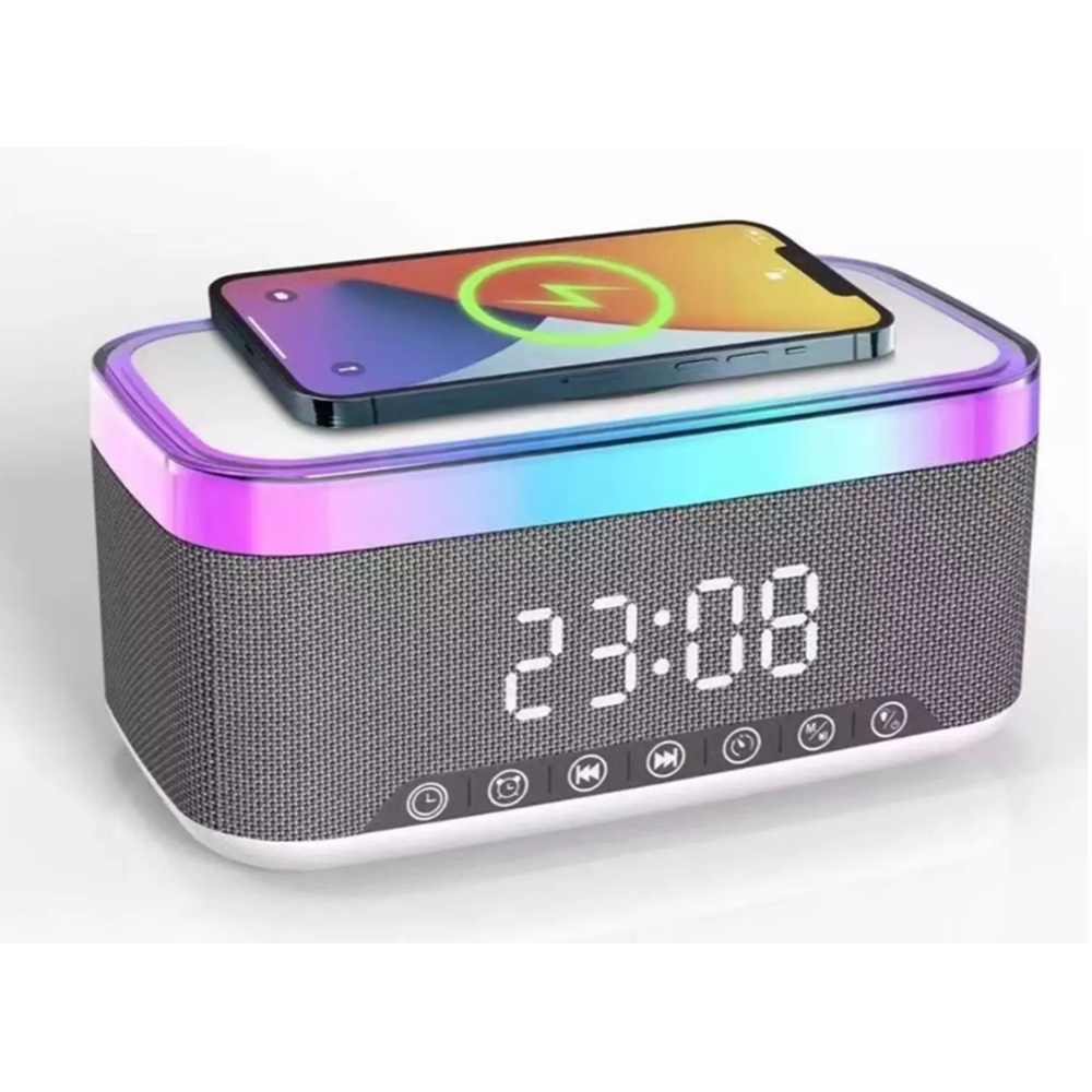 Jedel SA-148 1200mAh 10W Gri BT,USB,Kablosuz Şarjlı RGB-Gece Lambası Özellikli Alarmlı Saat Speaker