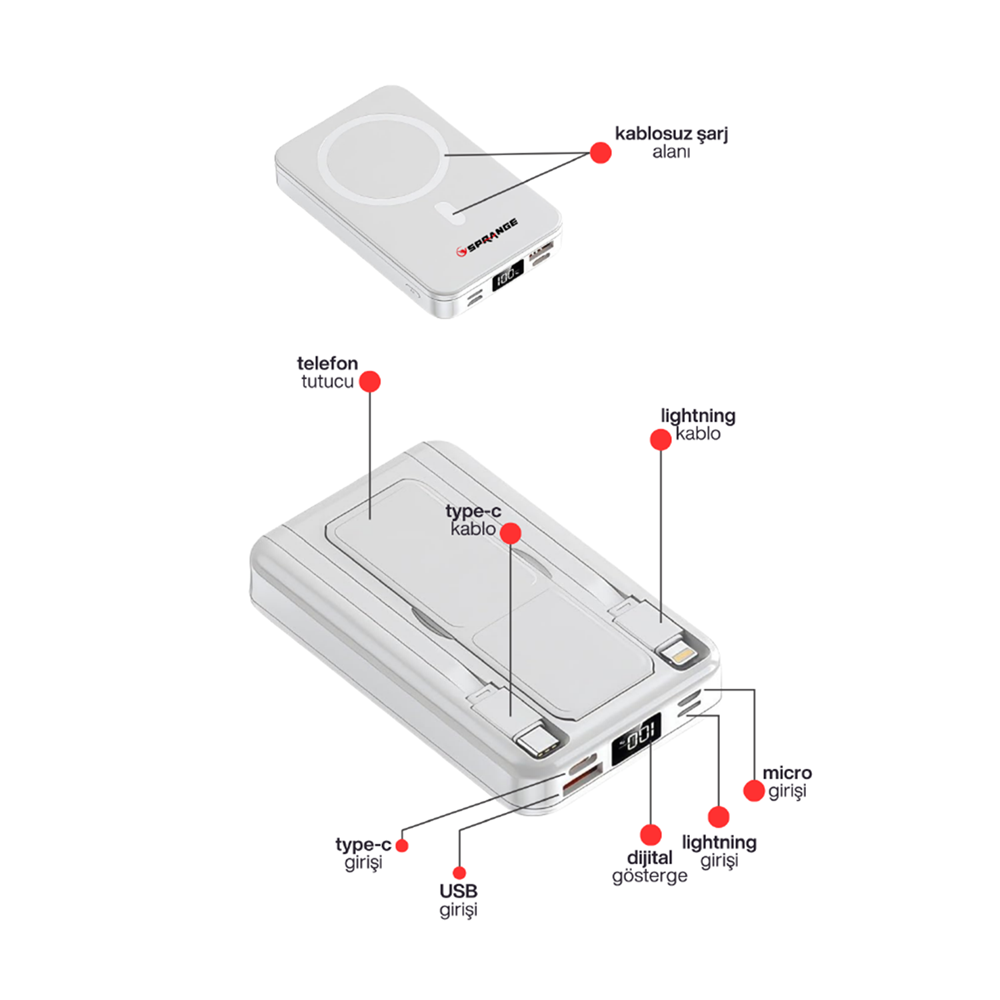 SPRANGE SR-P28M MAGSAFE WİRELESS 12000MAH 15W HIZLI ŞARJ 20W PD GÖSTERGELİ POWERBANK