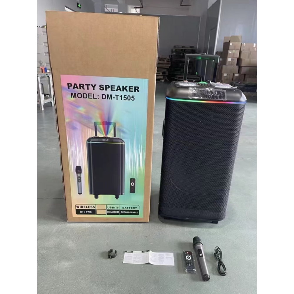 TELSAN DM-T1505 SD/USB/FM DOUBLE 15inc BLUETOOTH KARAOKE MİKROFONLU KABLOSUZ KUMANDALI RGB MÜZİK KUTUSU