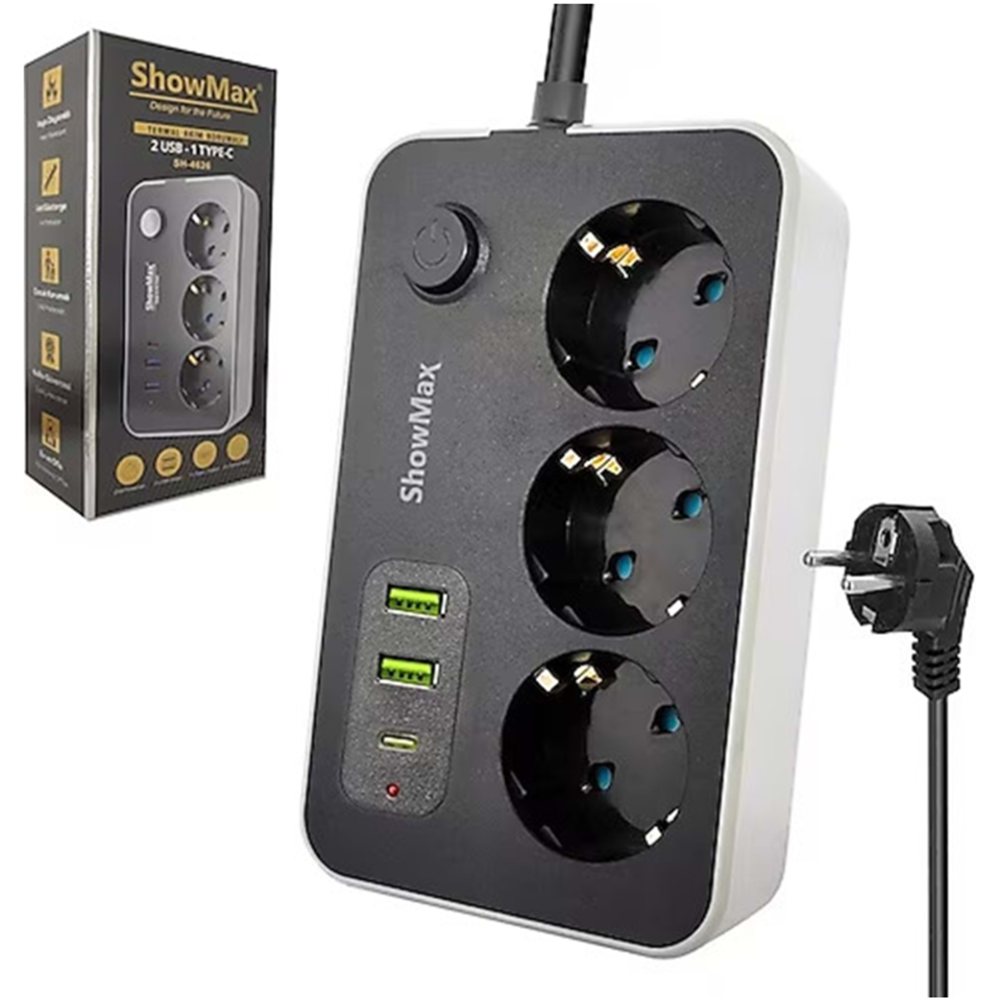 SHOWMAX SH-4626 2XUSB + 1XTYPE-C 2.1A 3X PRİZ ANAHTARLI TERMAL AKIM KORUMALI PRİZ 2M KABLO