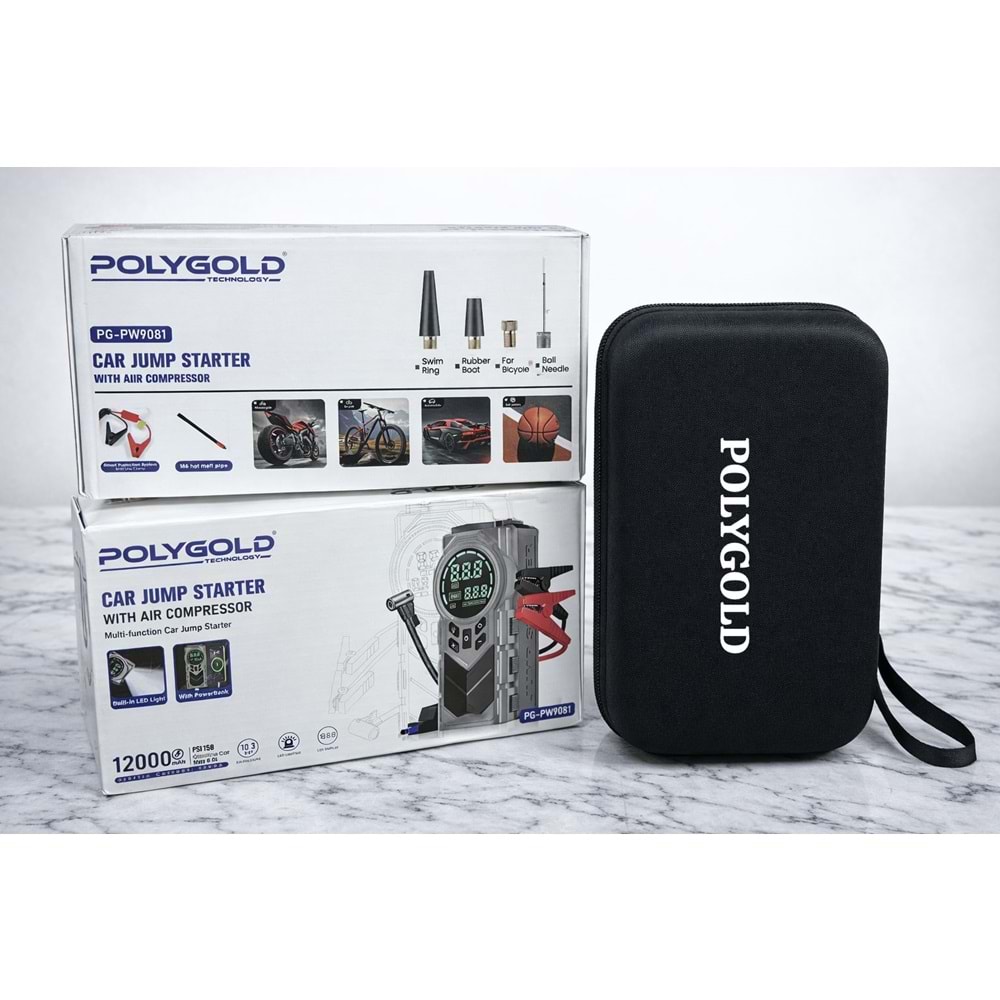 Polygold PG-PW9081 Şarjlı Hava Pompası Akü Takviyeli 12000 mAh Powerbank Özellikli
