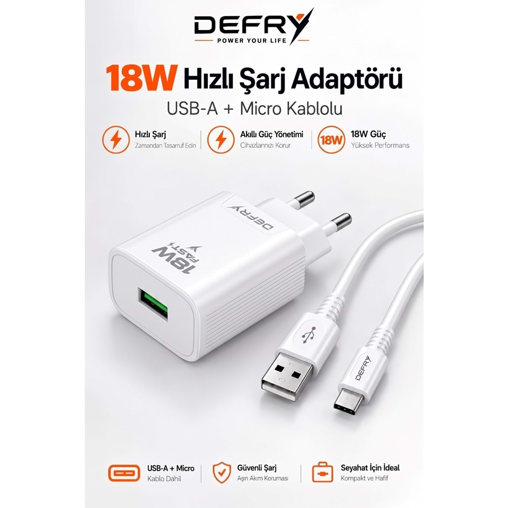 DEFRY DF-18M QUİCK 3.0 HIZLI ŞARJ 18W 3A USB TO MİCRO ŞARJ ALETİ TAKIM