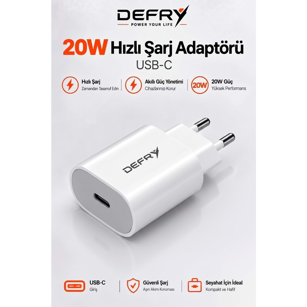 DEFRY DF-20 QUİCK FAST ŞARJ USB-C TYPE-C 20W PD 3.0 HIZLI ŞARJ ADAPTÖRÜ