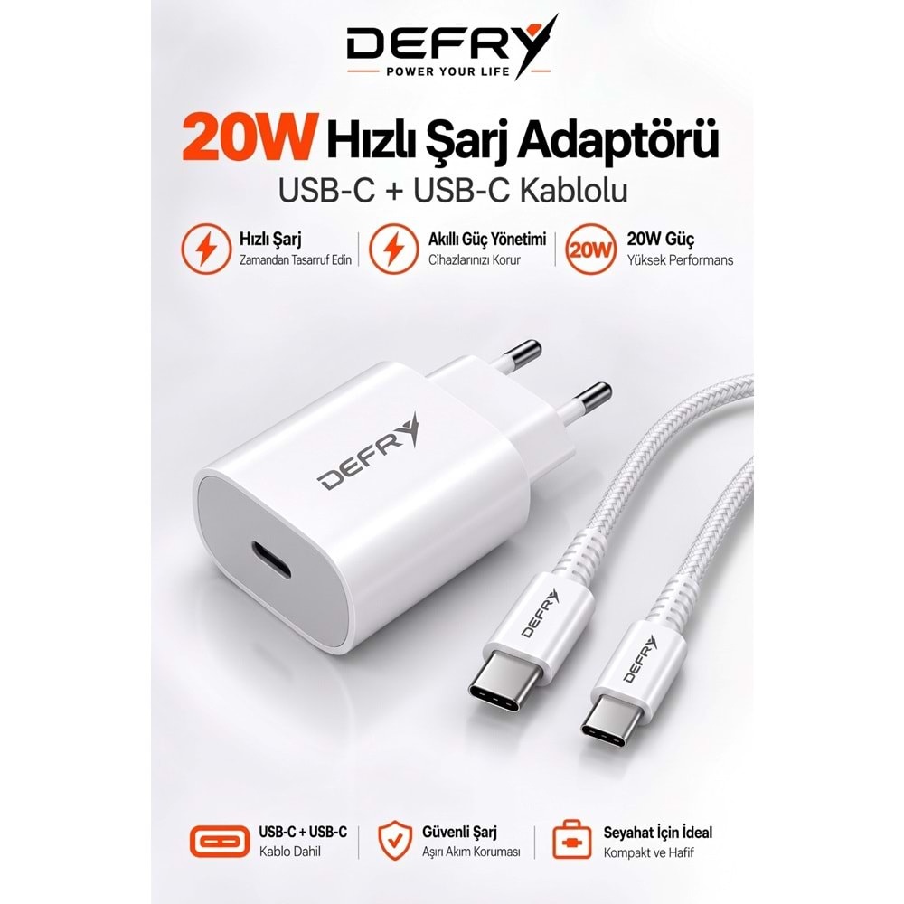 DEFRY DF-20TT TYPE-C TO TYPE-C HIZLI ŞARJ 20W PD 3.0 FAST ŞARJ ALETİ TAKIM