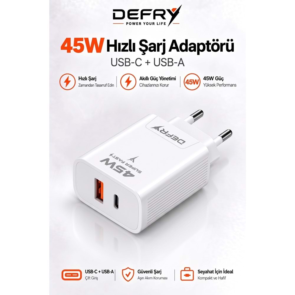DEFRY DF-45 USB-A + USB-C PD 3.0 / QC 3.0 45W ÇİFT GİRİŞLİ SÜPER HIZLI ŞARJ ADAPTÖRÜ