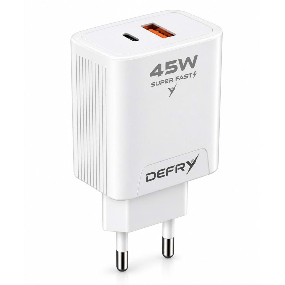 DEFRY DF-45 USB-A + USB-C PD 3.0 / QC 3.0 45W ÇİFT GİRİŞLİ SÜPER HIZLI ŞARJ ADAPTÖRÜ