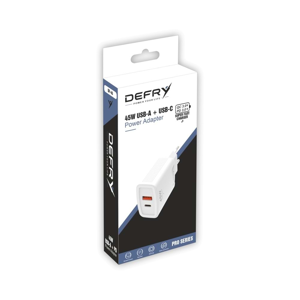 DEFRY DF-45 USB-A + USB-C PD 3.0 / QC 3.0 45W ÇİFT GİRİŞLİ SÜPER HIZLI ŞARJ ADAPTÖRÜ