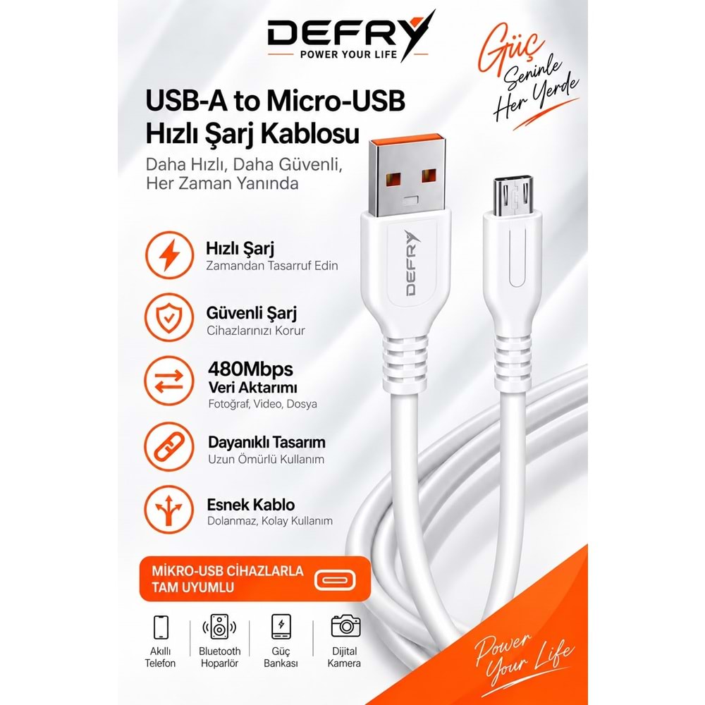 DEFRY DF-01M MİCRO TO USB-A 2.4A ŞARJ VE DATA KABLOSU