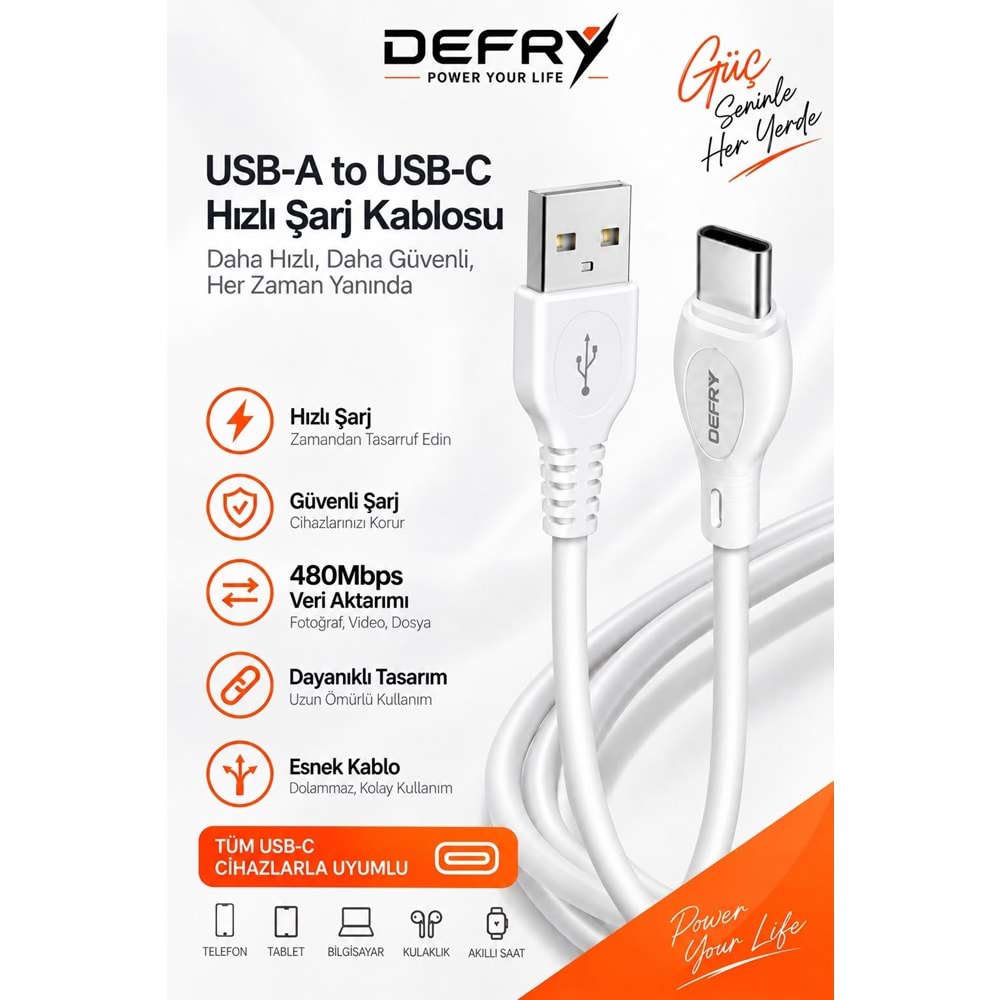 DEFRY DF-02T TYPE-C TO USB 2.4A ŞARJ VE DATA KABLO
