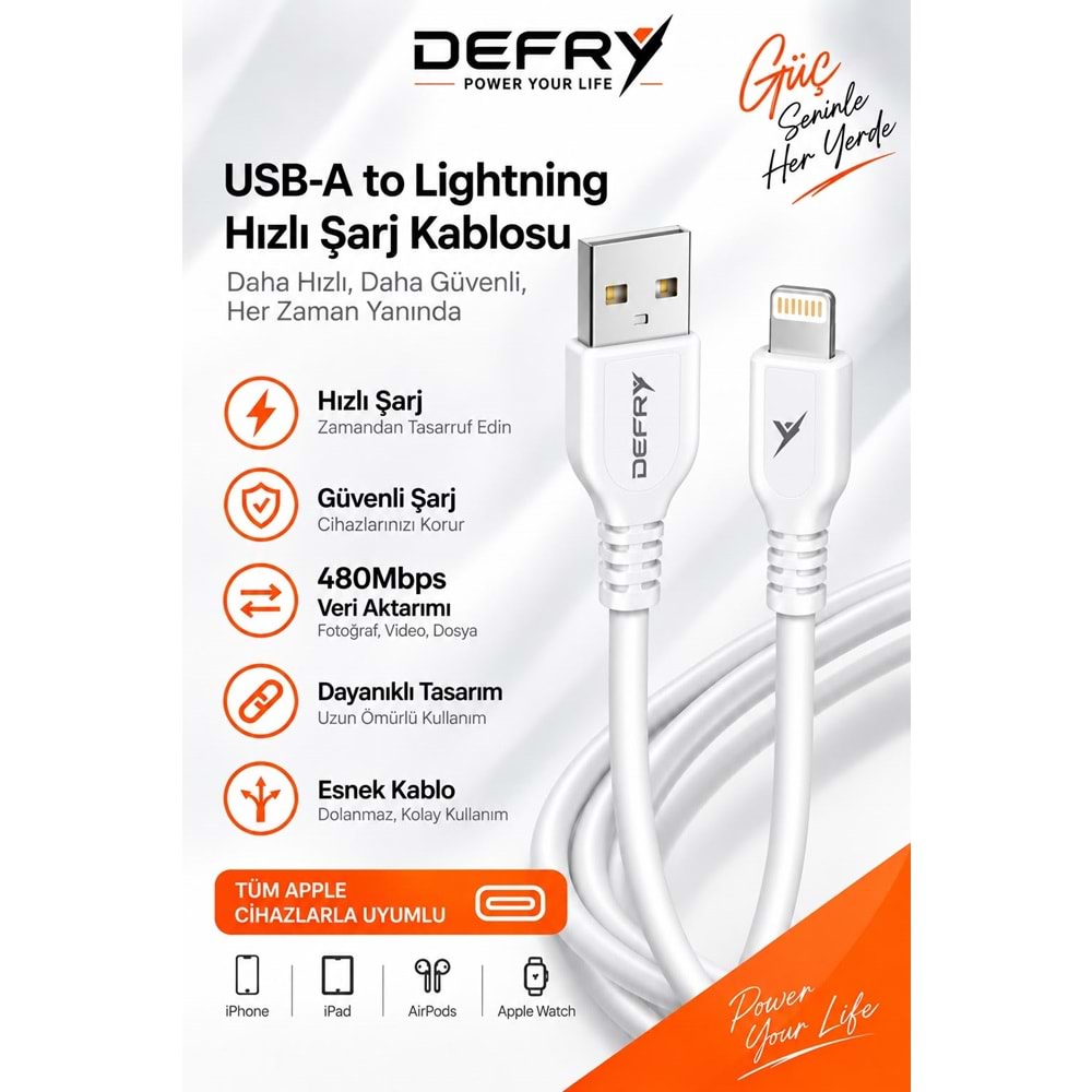 DEFRY DF-03L LIGHTNING TO USB-A 2.4A ŞARJ VE DATA KABLOSU