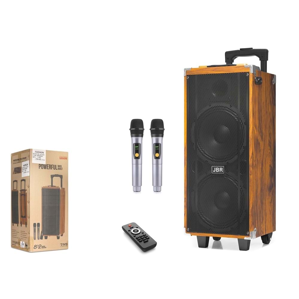 JBR JBR8808 Çift Karaoke Mikrofonlu Bluetooth Hoparlör FM Radyo 50W 2x8 İnç RGB Kumandalı Ahşap