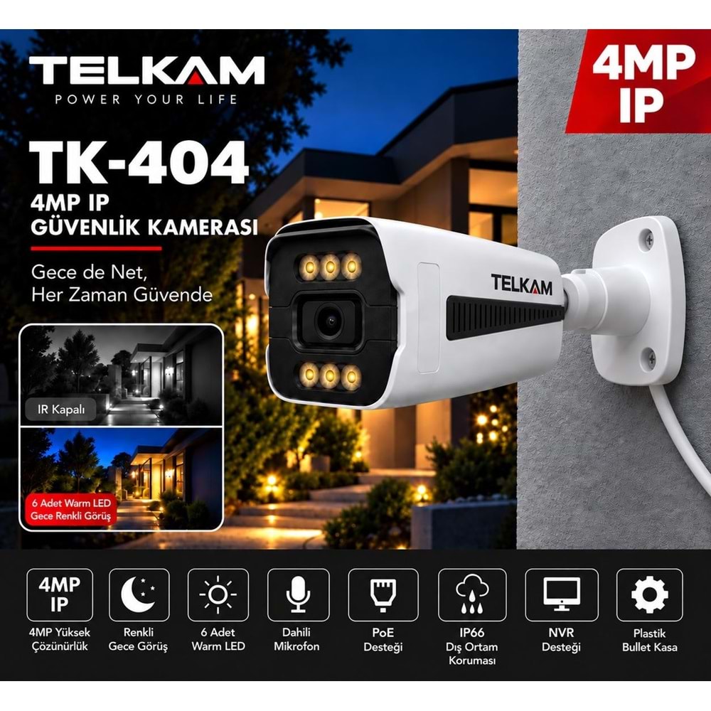 TELKAM TK-404 GECE RENKLİ GÖRÜŞ 6 WARM LED 4MP BULLET POE IP SESLİ FULL HD GÜVENLİK KAMERASI