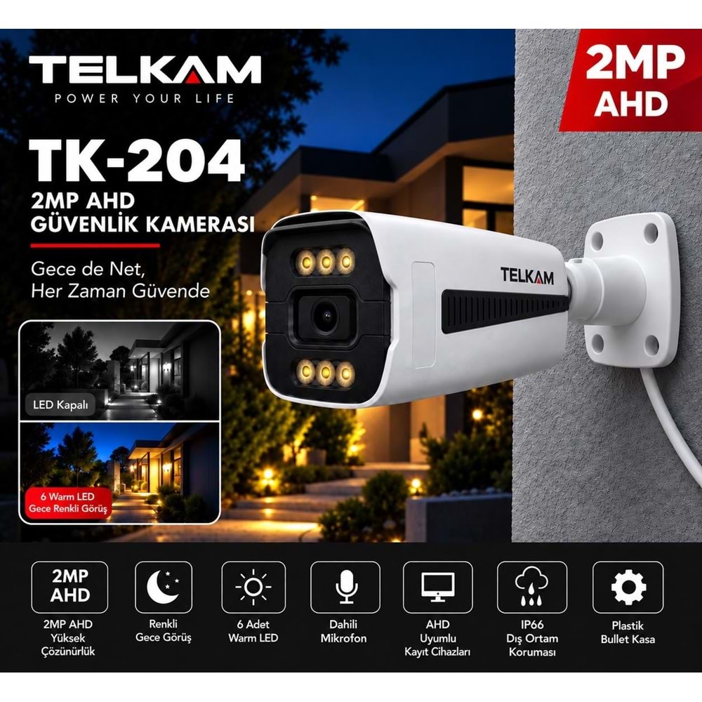 TELKAM TK-204 GECE RENKLİ GÖRÜŞ 2MP AHD BULLET 6 WARM LED SESLİ GÜVENLİK KAMERASI