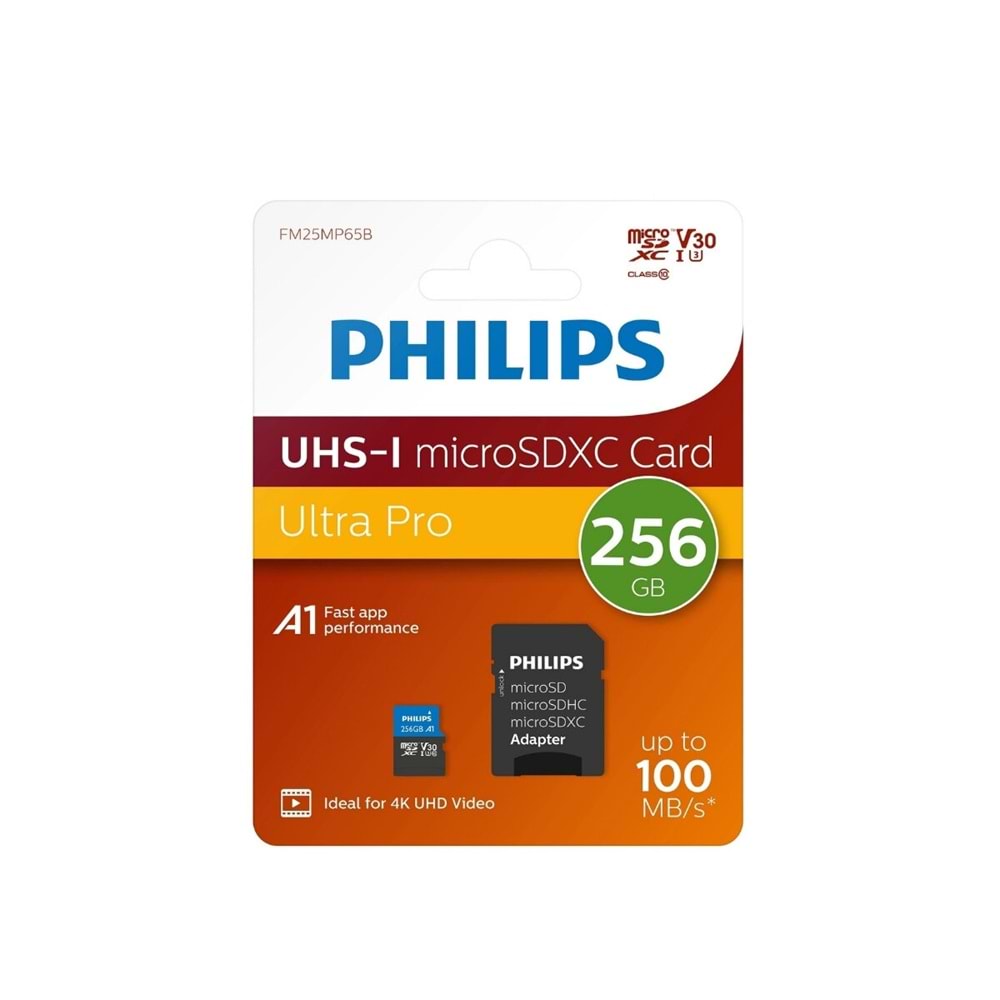 PHILIPS FM25MP65B/00 Micro SDXC Kart 256GB Class10 UHS-I U3 Adaptörlü