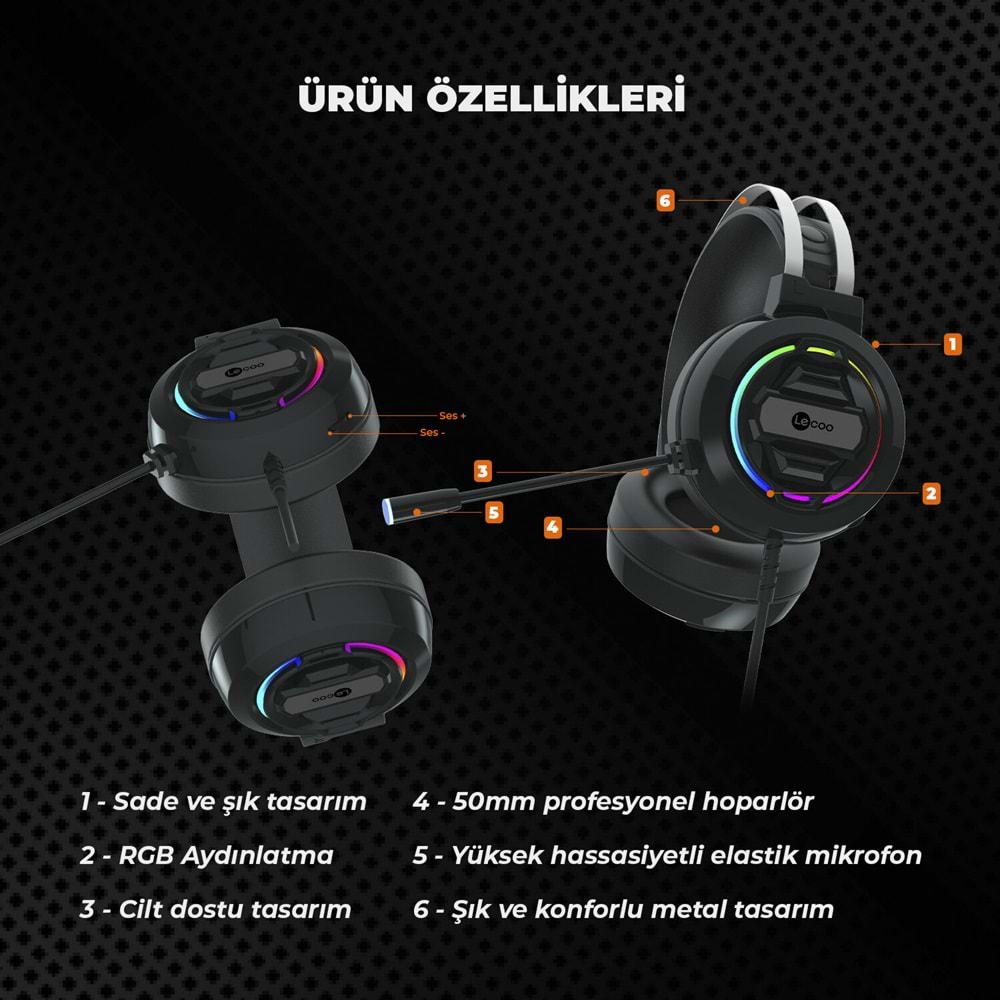LECOO HT401 Kulak Üstü USB2.0 RGB LED Aydınlatmalı Kablolu Gaming Kulaklık Siyah