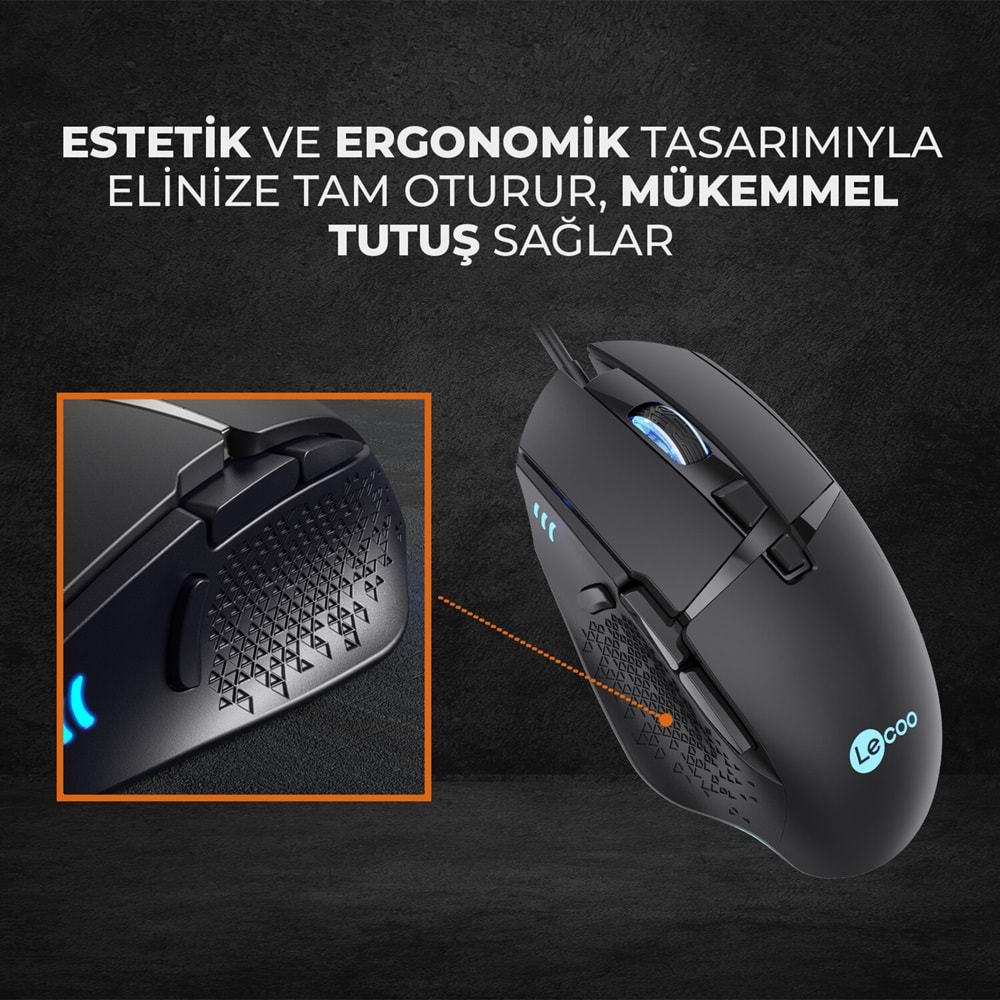 LECOO MG1101 Kablolu RGB LED Aydınlatmalı 6400DPI 8 Tuşlu Gaming Optik Mouse Siyah