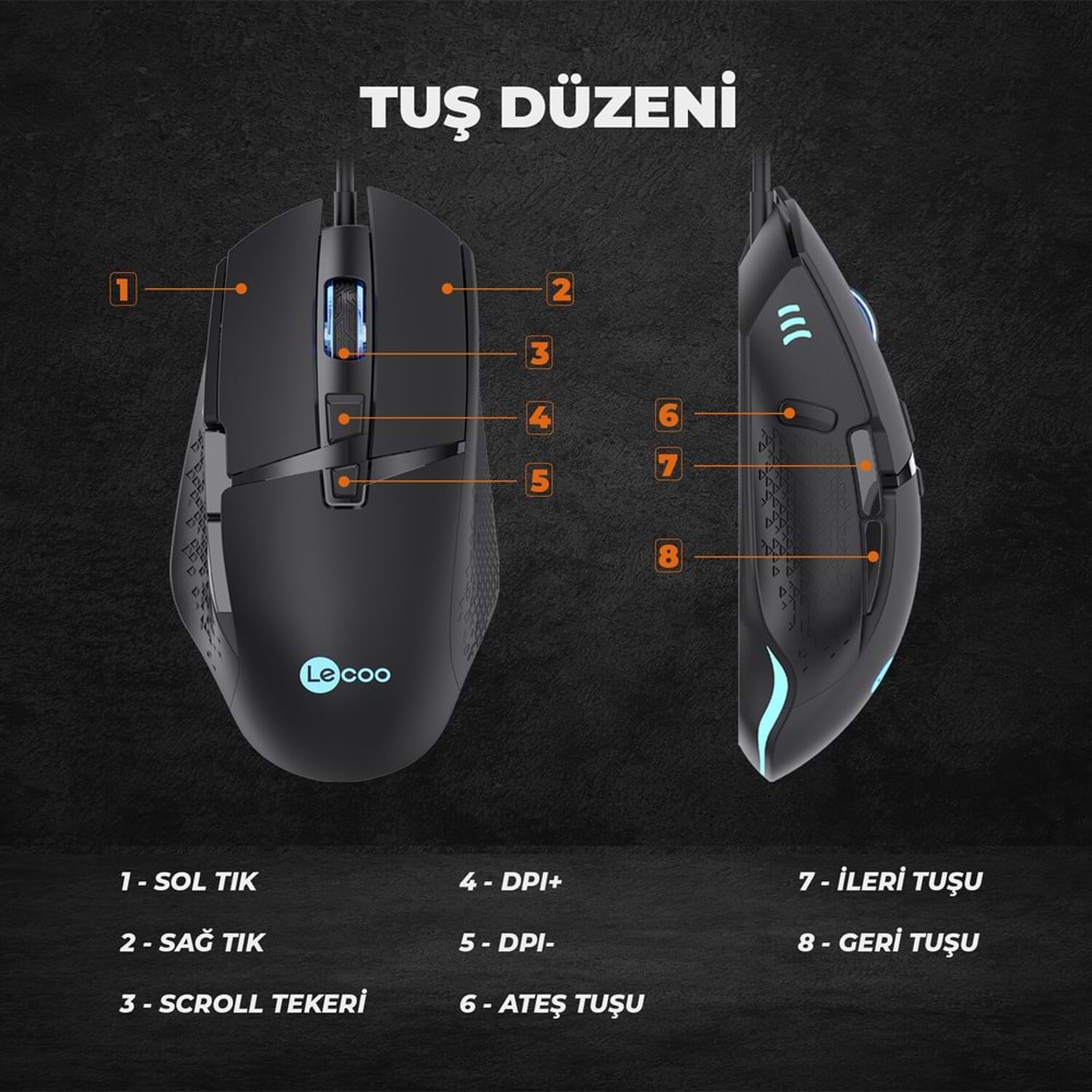 LECOO MG1101 Kablolu RGB LED Aydınlatmalı 6400DPI 8 Tuşlu Gaming Optik Mouse Siyah
