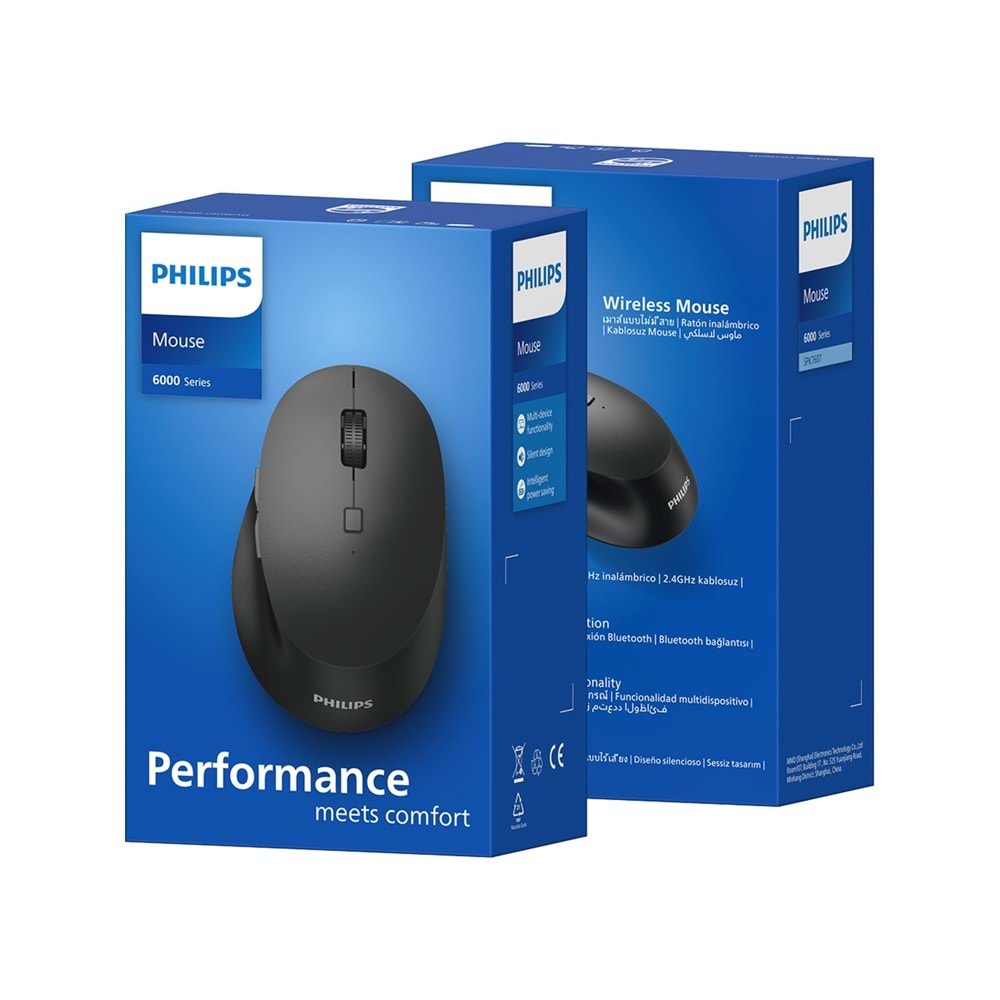 PHILIPS SPK7607B Çoklu Cihaz Desteği Dual Mod 2.4 GHz + 2 Kanallı Bluetooth 3200DPI Ergonomik Sessiz Optik Mouse Siyah