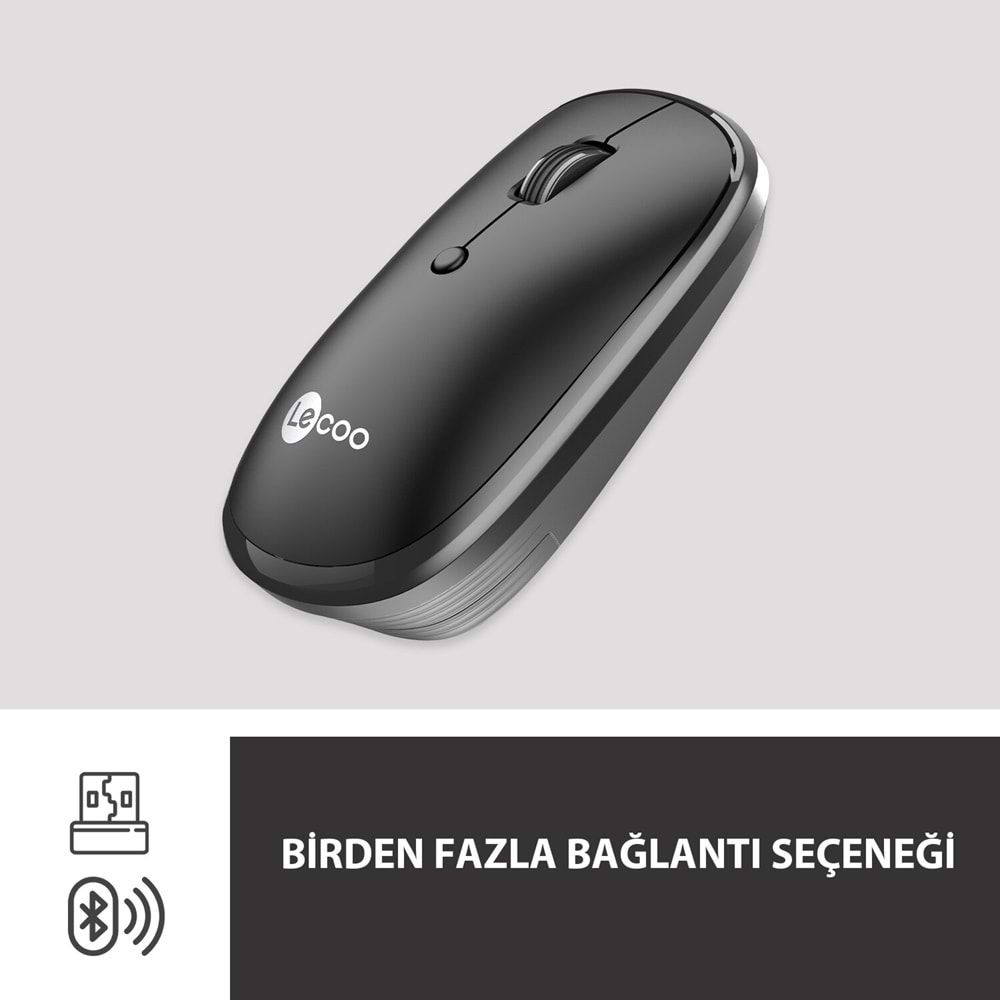 LECOO WS209 Dual Mod 2.4GHz WiFi + Bluetooth 6 Tuşlu 1600DPI Şarjlı Sessiz Kompakt Kablosuz Optik Mouse Siyah