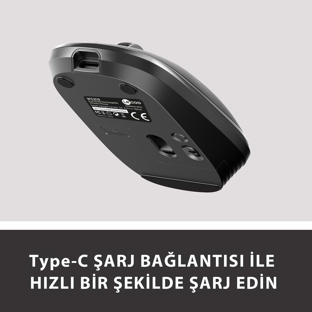 LECOO WS209 Dual Mod 2.4GHz WiFi + Bluetooth 6 Tuşlu 1600DPI Şarjlı Sessiz Kompakt Kablosuz Optik Mouse Siyah