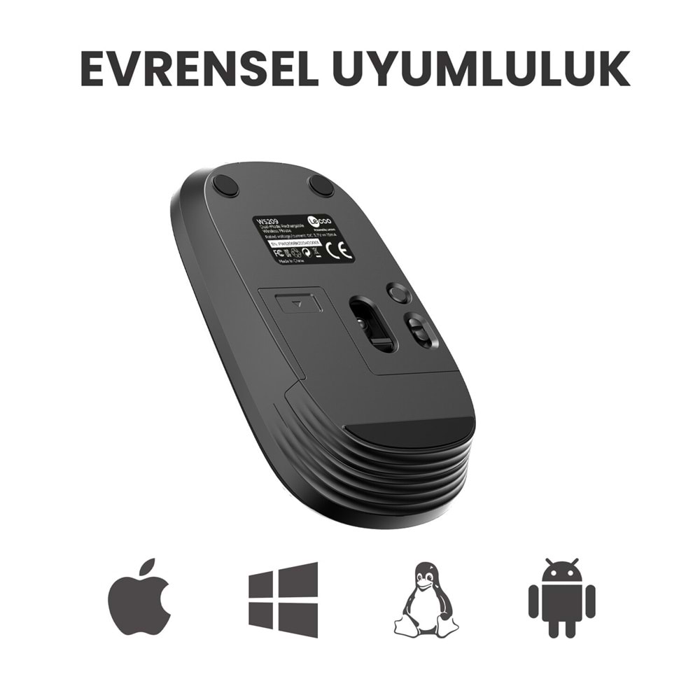 LECOO WS209 Dual Mod 2.4GHz WiFi + Bluetooth 6 Tuşlu 1600DPI Şarjlı Sessiz Kompakt Kablosuz Optik Mouse Siyah