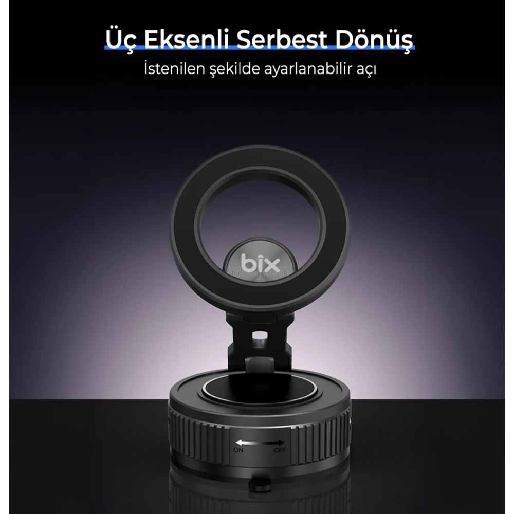 BIX BXCH12 360° Derece Dönebilen Vakumlu Manyetik Mıknatıslı Araç içi Telefon Tutucu - Siyah