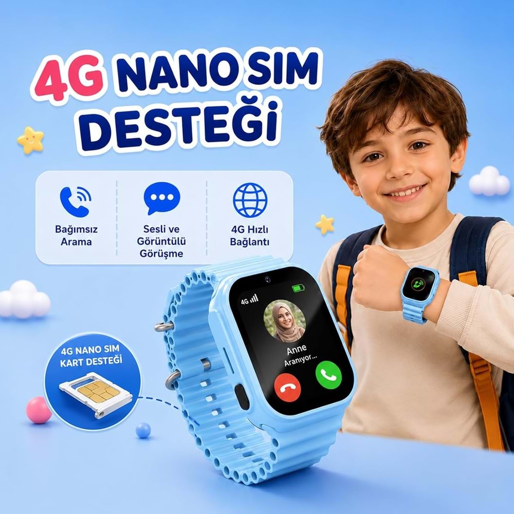 Bix KW01 Sim Kartlı GPS Takipli SOS Kameralı ve Görüntülü Konuşmalı 4G Çocuk Akıllı Saati (MAVİ)