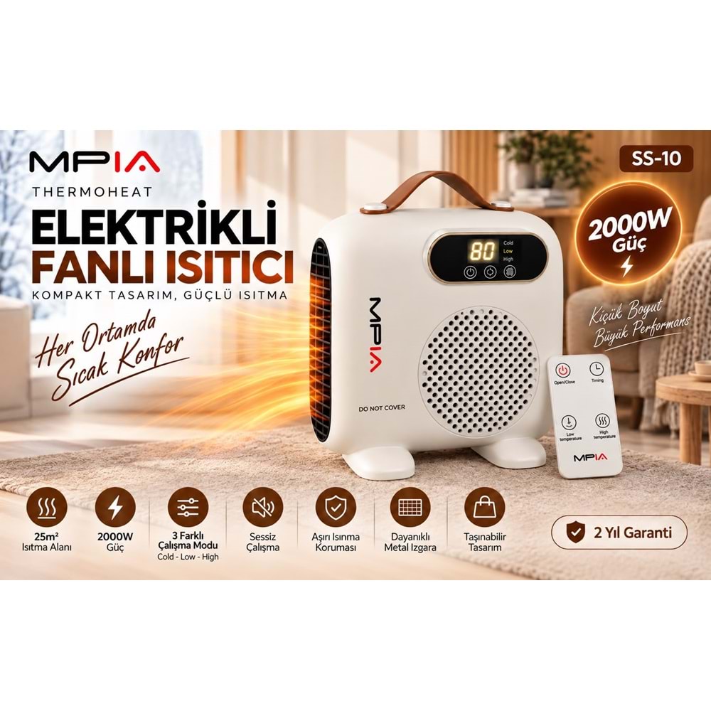 MPIA SS-10 THERMOHEAT 2000W Kumandalı Dijital Göstergeli Portatif Elektrikli Fanlı Isıtıcı