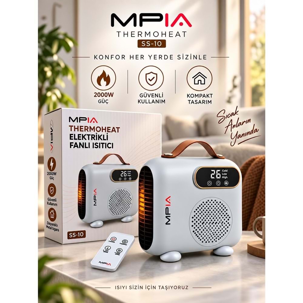 MPIA SS-10 THERMOHEAT 2000W Kumandalı Dijital Göstergeli Portatif Elektrikli Fanlı Isıtıcı
