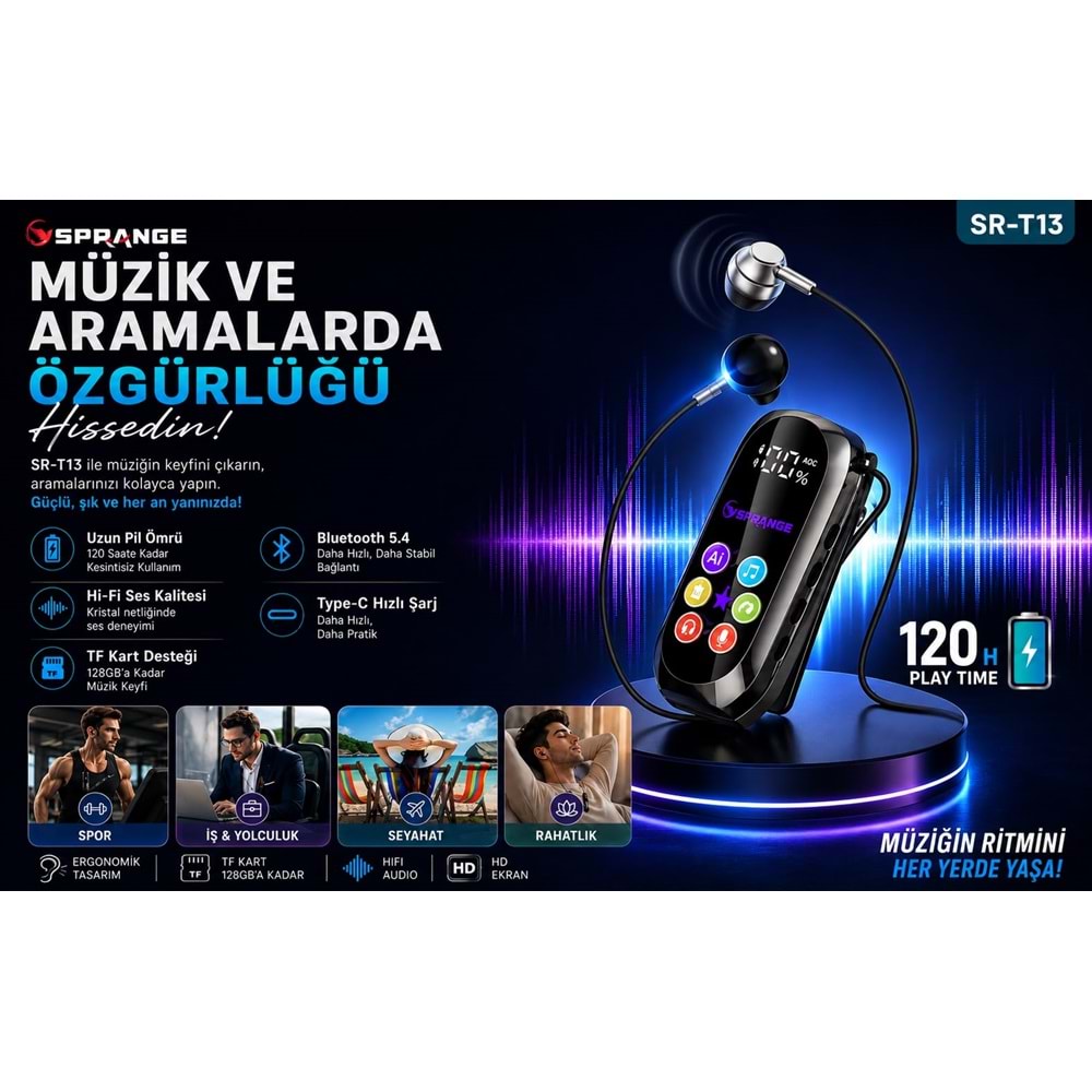 SPRANGE SR-T13 Bluetooth 5.4 / TF Kart Destekli Dijital Ekranlı Kulaklık