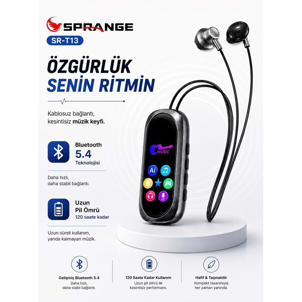 SPRANGE SR-T13 Bluetooth 5.4 / TF Kart Destekli Dijital Ekranlı Kulaklık