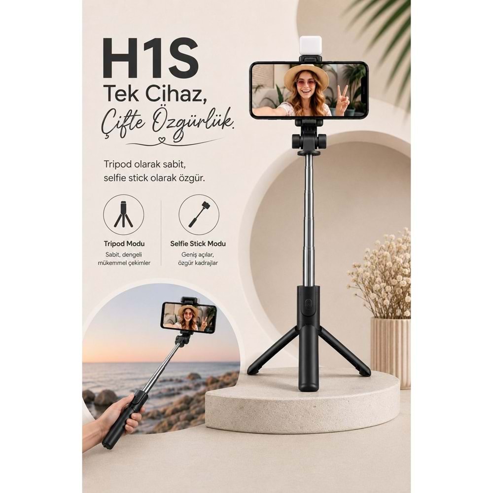 TELSAN H1S Bluetooth Kumandalı Led Işıklı Selfie Çubuğu ve Tripod