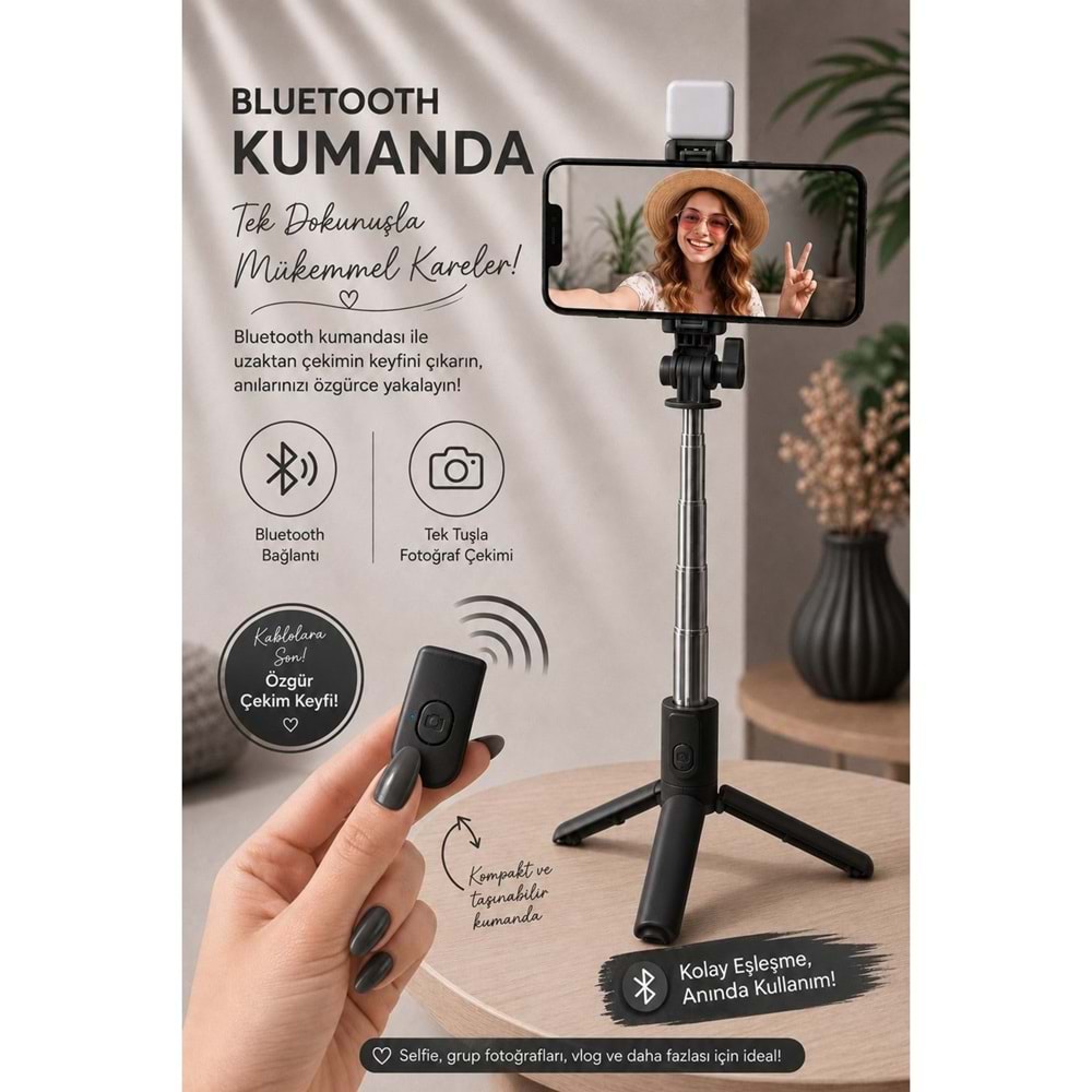 TELSAN H1S Bluetooth Kumandalı Led Işıklı Selfie Çubuğu ve Tripod
