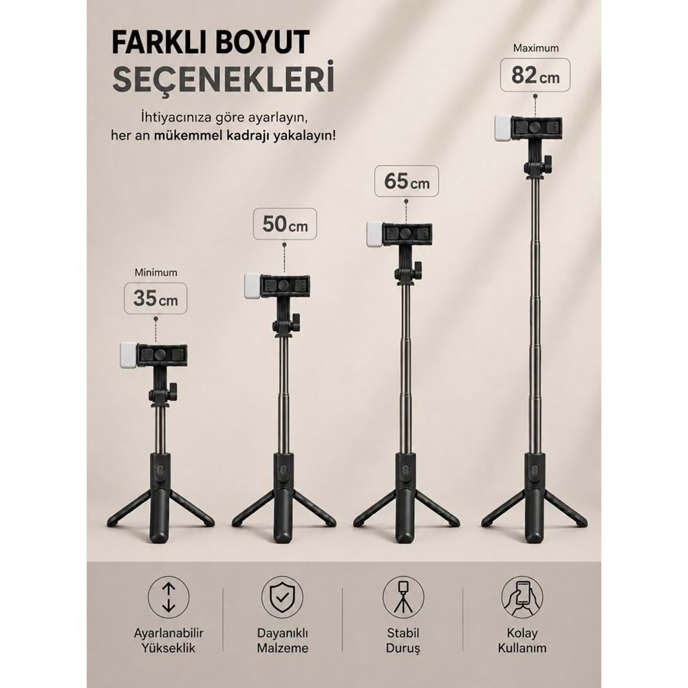 TELSAN H1S Bluetooth Kumandalı Led Işıklı Selfie Çubuğu ve Tripod