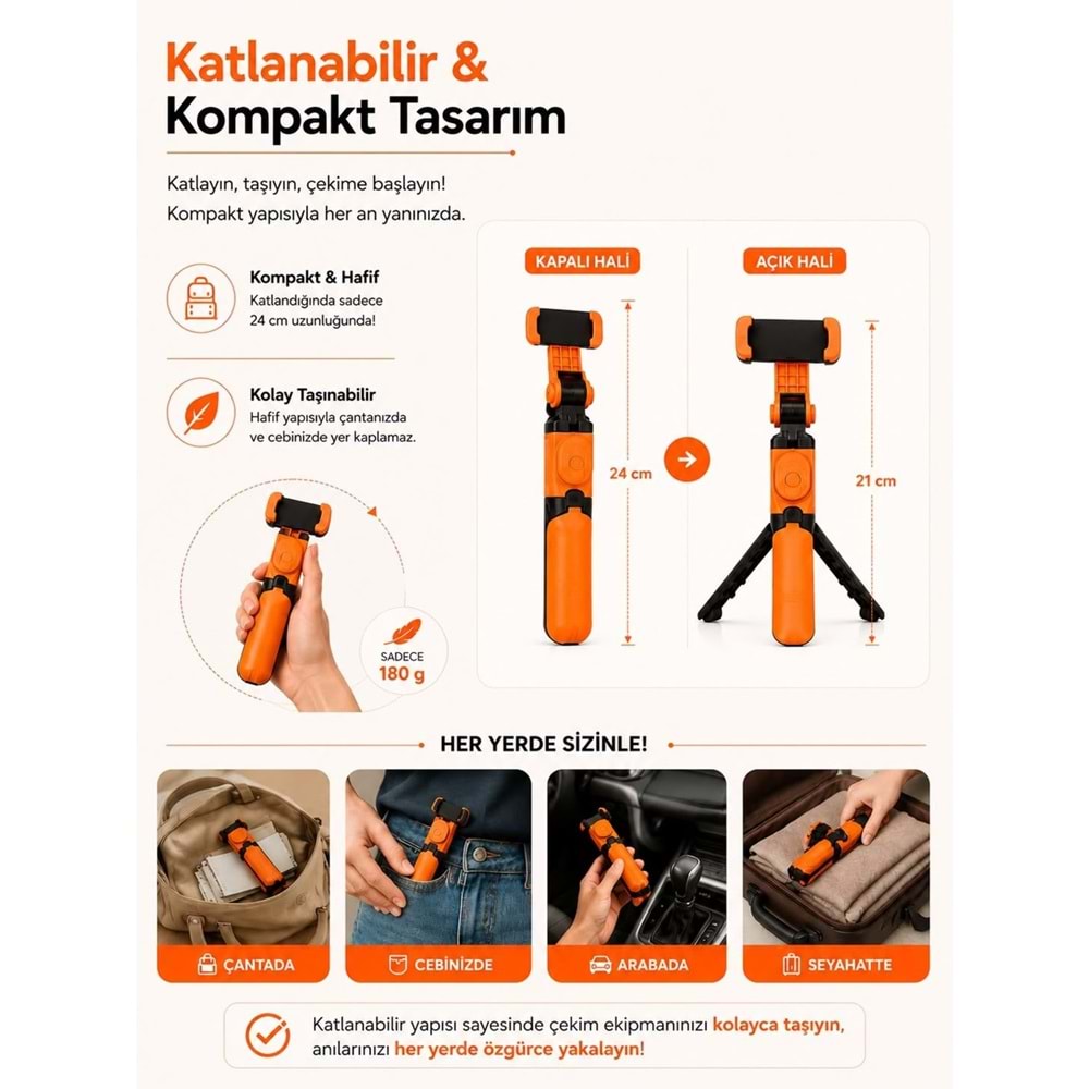 TELSAN XT-09 Bluetooth Kumandalı Selfie Çubuğu ve Tripod