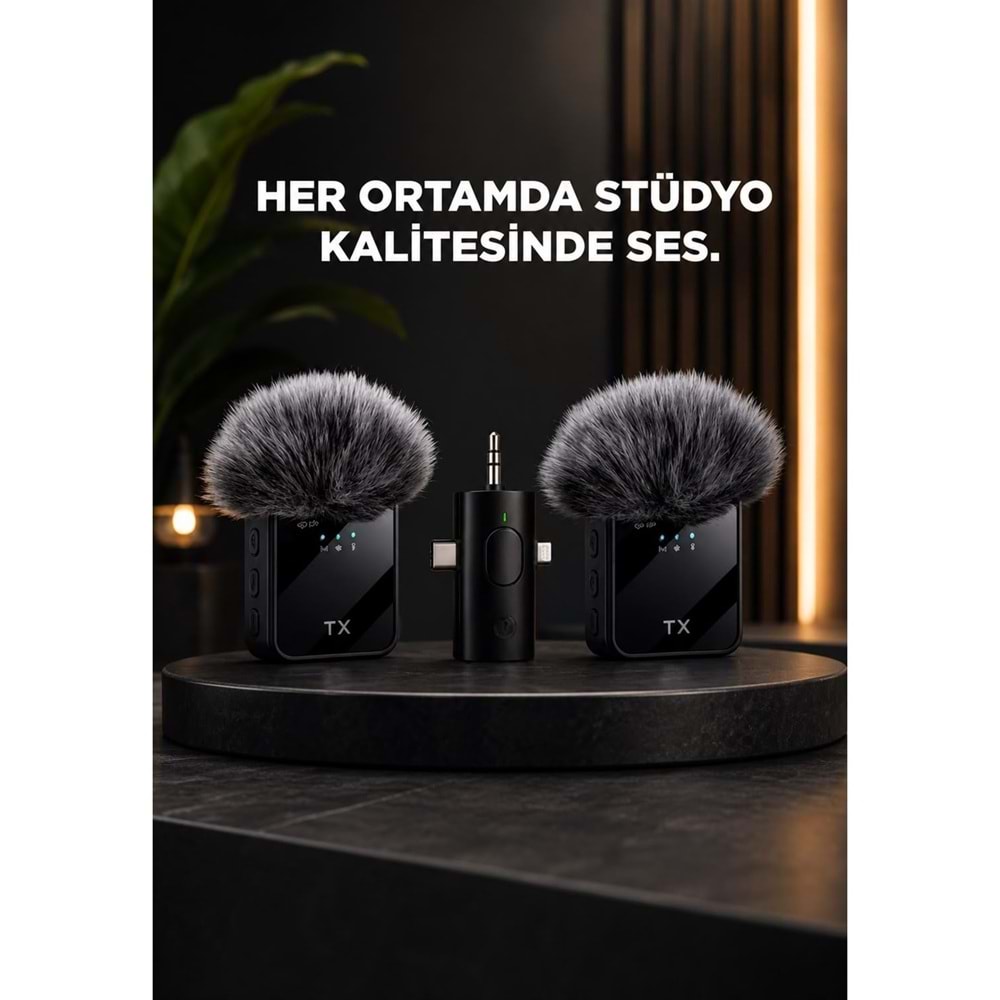SPRANGE SM-12 TYPE-C / Lightning / 3.5 mm Aux Giriş 3IN1 Kablosuz Yaka Mikrofonu