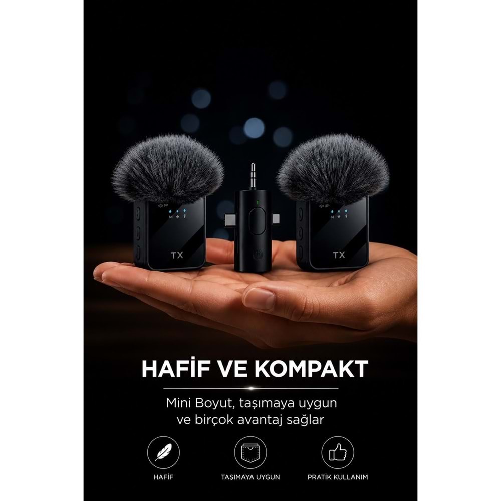SPRANGE SM-12 TYPE-C / Lightning / 3.5 mm Aux Giriş 3IN1 Kablosuz Yaka Mikrofonu