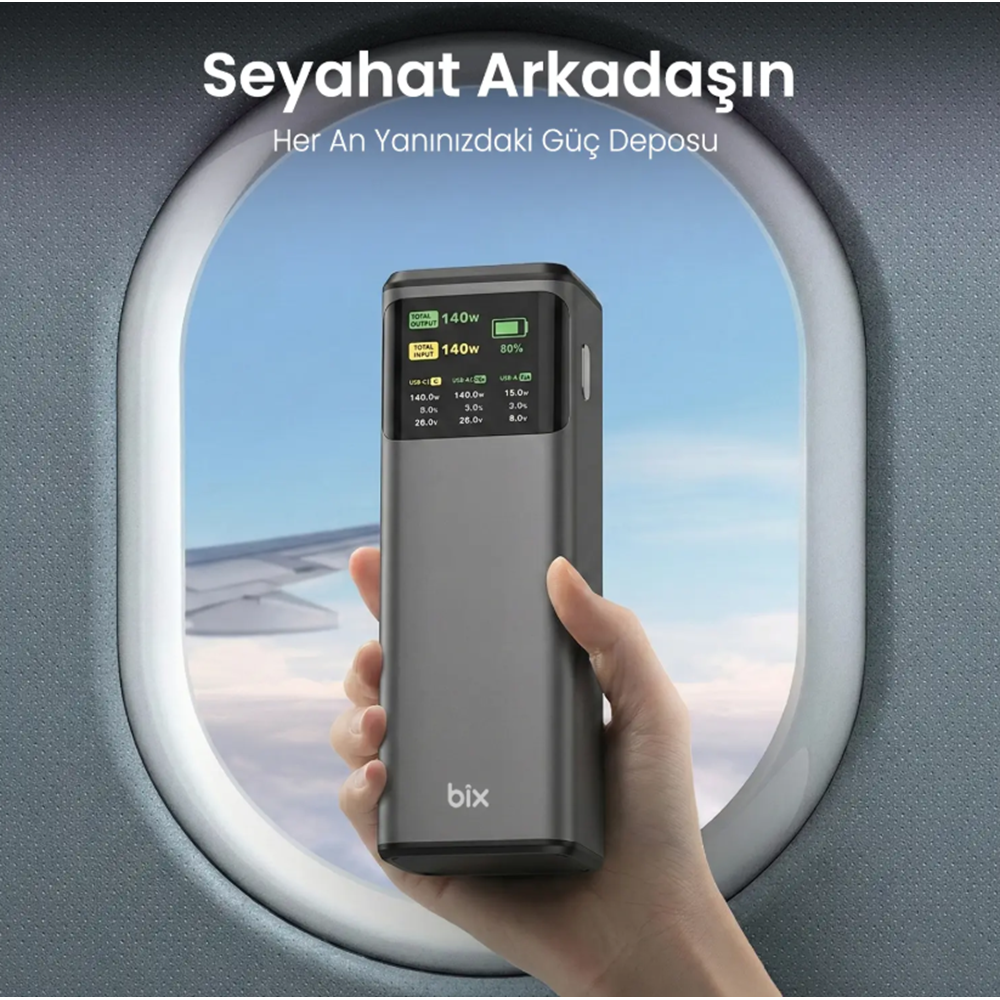 Bix PB200W 24000mAh Powerbank PD3.1 Hızlı Şarj, Çift USB-C + USB-A Dijital Ekranlı MacBook, Tablet ve Telefonlarla Uyumlu Taşınabilir Şarj Cihazı